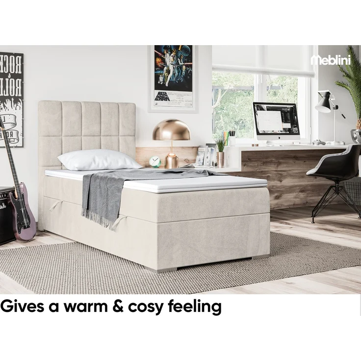 MEBLINI Boxspringbett LUKAS 100x200cm Links - H4/Beige Samt - mit Bettkasten - Gepolstert Einzelbett mit Topper & Taschenfederkern-Matratze – Bild 4