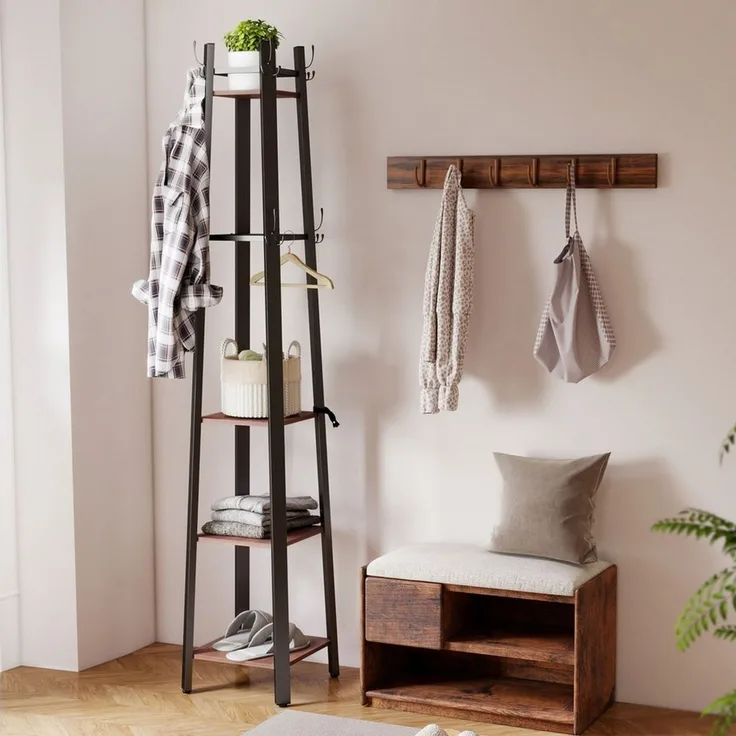 HOMCOM Garderobenständer Kleiderständer mit 4 Ablagen und 8 Haken, (Jackenständer, 1 St, Garderobe), für Kleidung, Tasche und Hut, für Flur und Schlafzimmer Braun