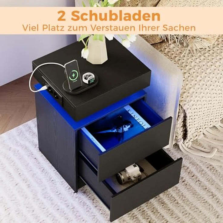 IRONCK Nachttisch 2er Set, Nachtschrank mit Ladefunktion, LED, 40x35x60 cm | Beistelltisch mit 2 Schubladen, schlafzimmer möbel mit Steckdosen, USB & USB-C, für Wohnzimmer, Nachtkommode 2er set Schwarz – Bild 6