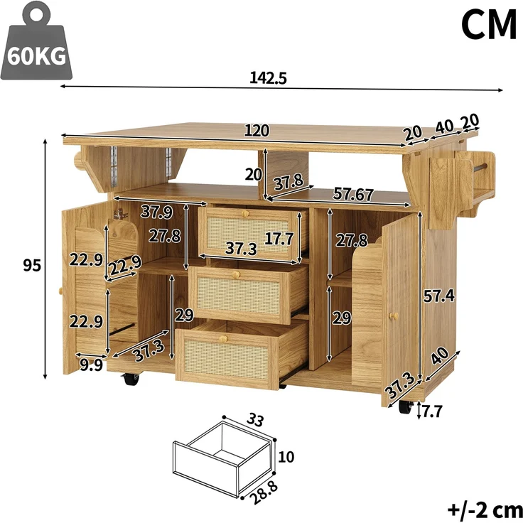 Küchenwagen B 142,5 x T 80 x H 95 cm, klappbar und erweiterbar, aus MDF mit PE-Rattan – Bild 4