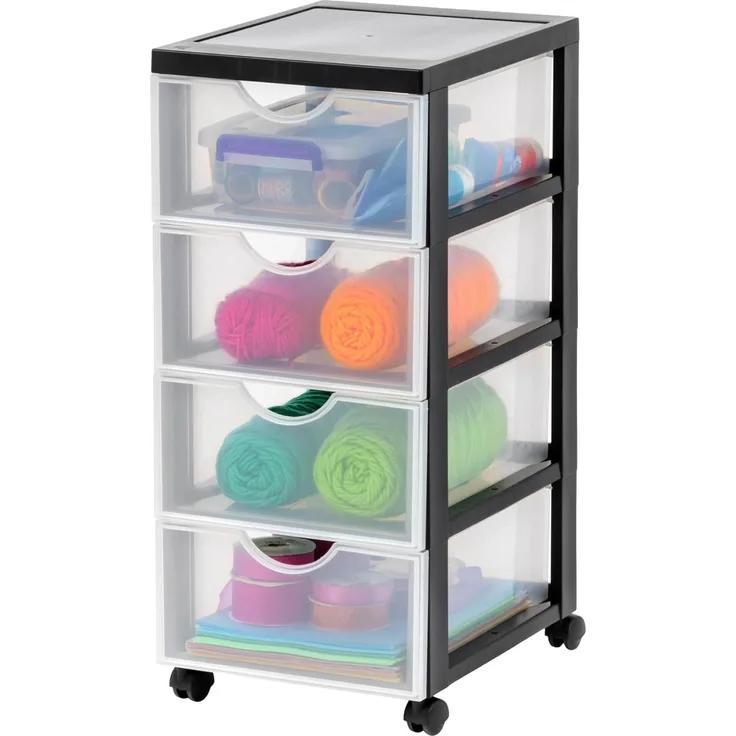 Iris Ohyama Kunststoff-Schubladenbox mit Rollen, 4 flachen Schubladen, Schwarz, Griffe zum Ziehen, Für Schlafzimmer, Schule & Büro, BPA-frei, Schubladenschrank, Rollcontainer, A4 Drawer, DDDC-004