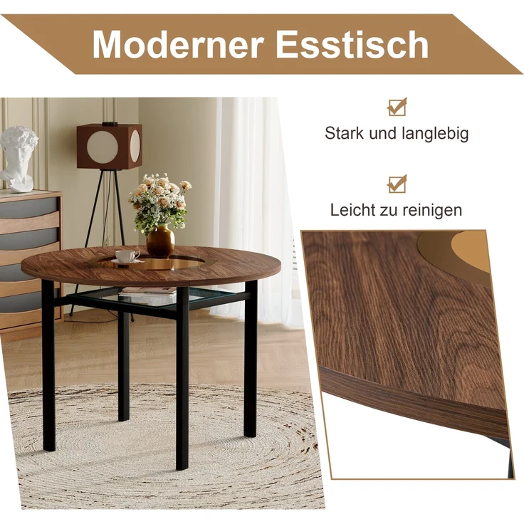 Esstisch-Set rund 100 cm Braun/Schwarz mit Glasablage, MDF-Tischplatte und PU-Stühlen – Bild 4