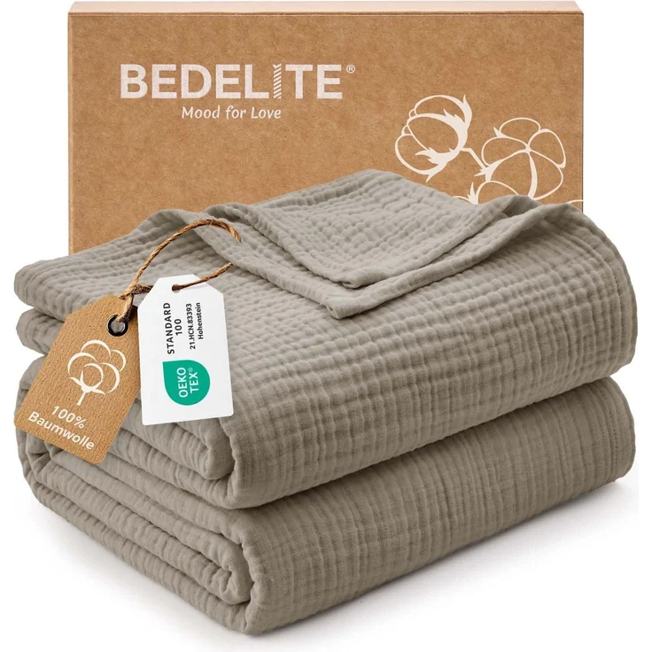 BEDELITE Musselin Decke 230x230 cm Erwachsene Tagesdecke Baumwolle, Taupe