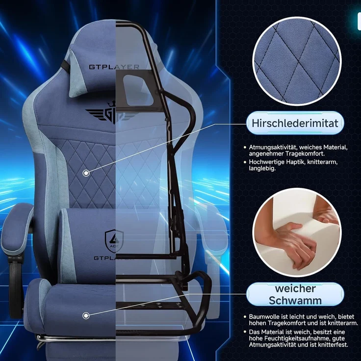 GTPLAYER Gaming-Stuhl Stoff Gaming Chair Ergonomisch Bürostuh PC Stuhl, 150kg Belastbarkeit, Schreibtischstuh mit Federsitzkissen und Fußstütze – Bild 4