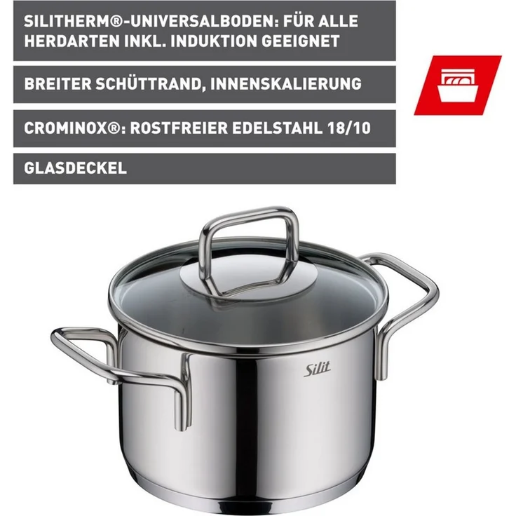 Silit Kochtopf Extra Cook, mit Glasdeckel, Edelstahl 18/10 (2-tlg), SiliTherm Universalboden, induktionsgeeignet, spülmaschinengeeignet – Bild 2