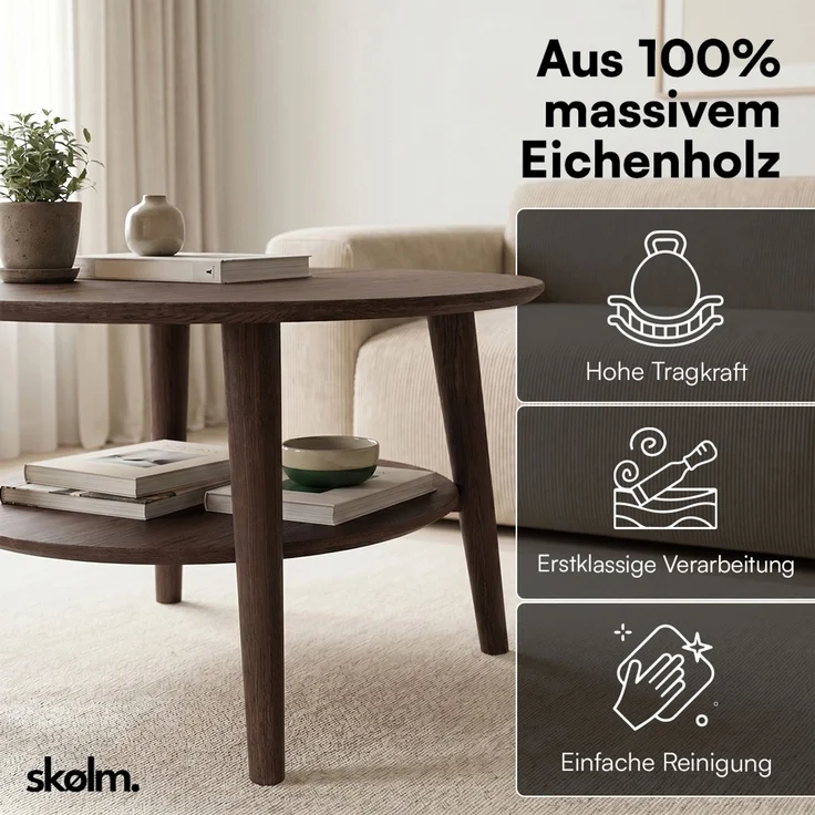skølm 'Mjölnir' Couchtisch rund, Massivholz Eiche, nussbraun lackiert, Wohnzimmertisch Ø70 cm, Beistelltisch für Wohnzimmer mit Ablage – Bild 4