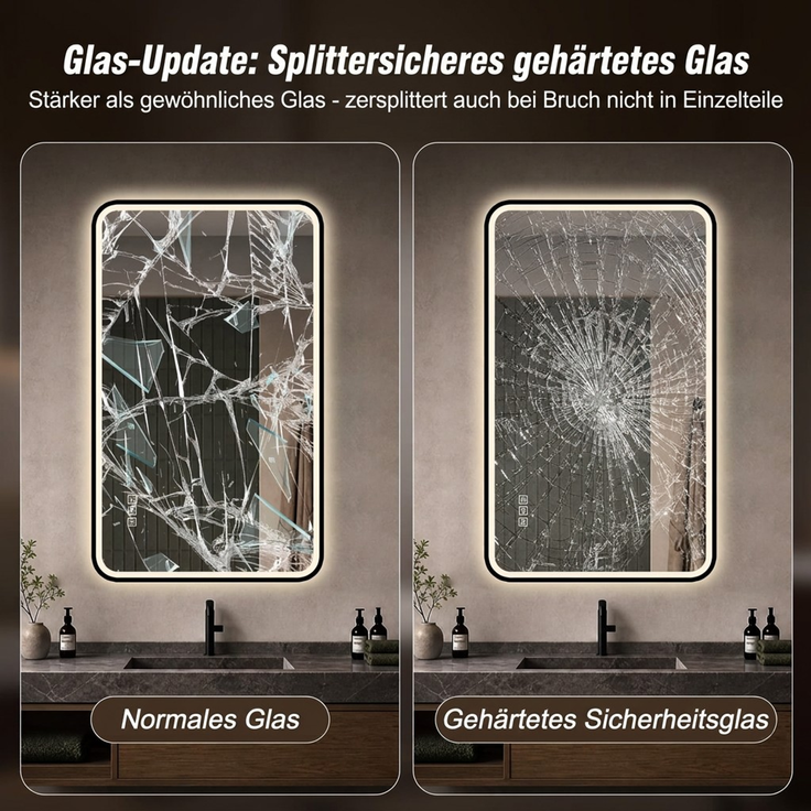 60×100cm LED Badezimmerspiegel mit schwarzem Aluminiumrahmen, Front- & Hintergrundbeleuchtung, Anti-Beschlag, 3 Lichtfarben, dimmbar, Memory-Funktion, horizontal & vertikal montierbar, IP44 wasserdich--Schwarz--100x60x4cm--YOUDENOVA – Bild 7