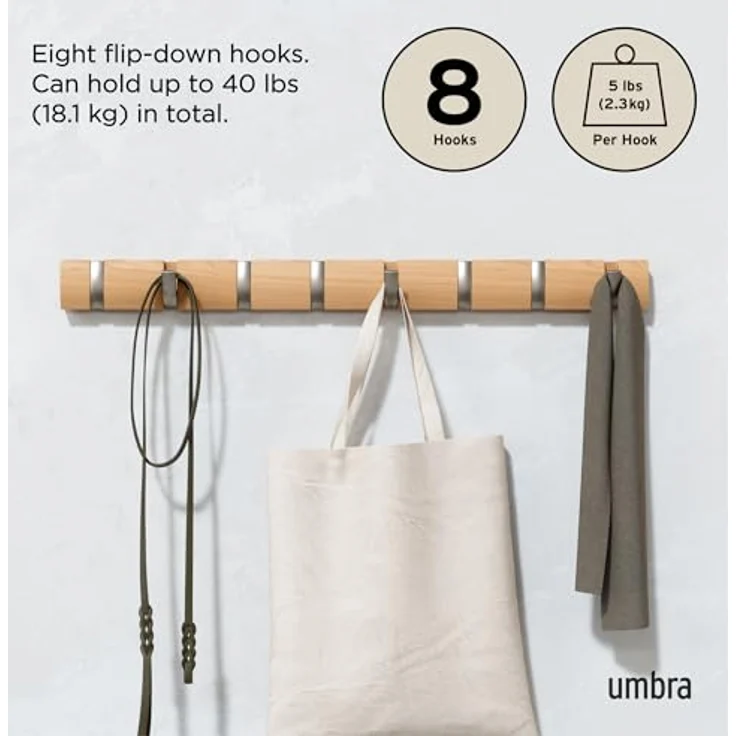 Umbra Flip 8 Garderobenhaken – Moderne, Schlichte und Platzsparende Garderobenleiste mit 8 Beweglichen Haken für Jacken, Mäntel, Schals, Handtaschen und Mehr, Natur – Bild 6
