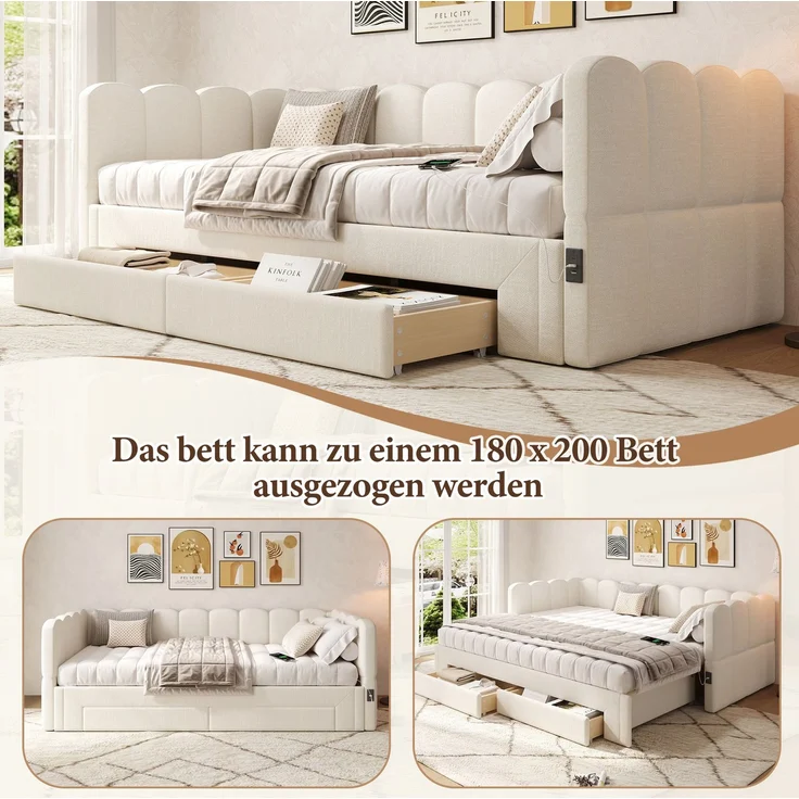 CHICFURN Bett aus Leinen Beige 90/180x200 cm mit 2 Schubladen und USB- und Type-C-Anschlüssen – Bild 5