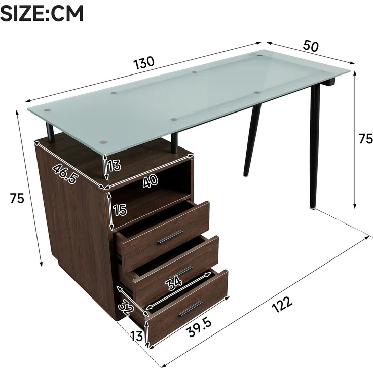 Abrihome Schreibtisch mit Glasplatte und 3 Schubladen, Braun, 75x50x130 cm – Bild 8