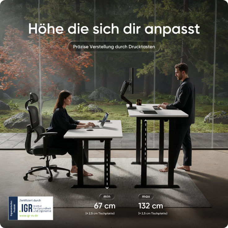 DESKSPACE Höhenverstellbarer Schreibtisch elektrisch mit leisem Dual-Motor – stabiles 4-Bein-Gestell (Schwarzes Gestell, Weiß Tischplatte, 180×80 cm) – Bild 5