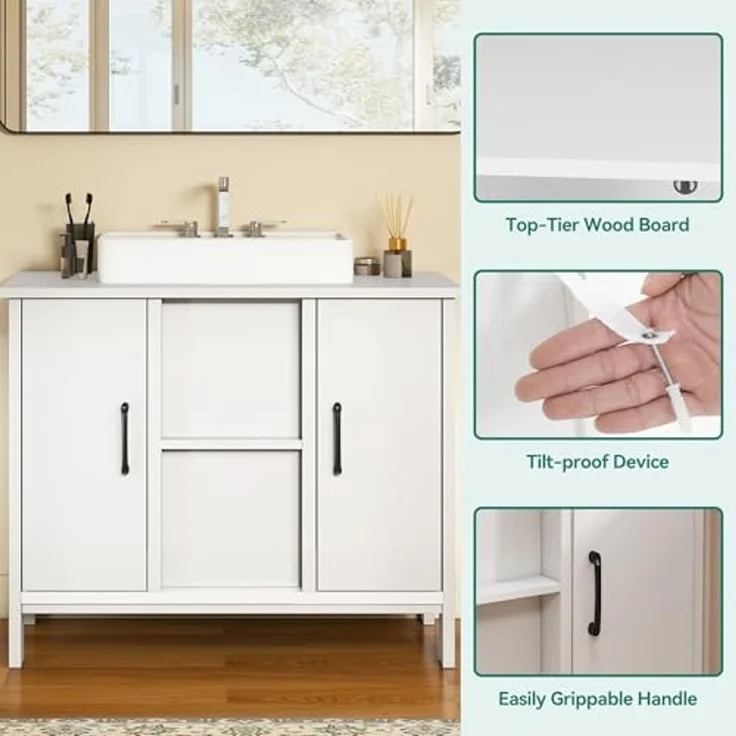 YITAHOME Waschbeckenunterschrank, Standwaschbecken Schrank mit 2 Türen, Waschtisch mit Ablage, Waschbeckenunterschrank mit U-Ausschnitt, Weiß – Bild 6