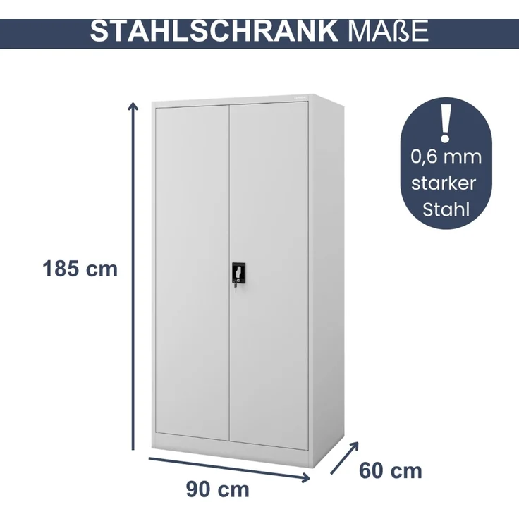 Aktenschrank abschließbar KADO - 5 Ebenen verstellbar, Flügeltüren | Metallschrank Werkstatt Mehrzweckschrank Büroschrank aus Stahl Werkzeugschrank, 185 x 90 x 60 cm Grau – Bild 2
