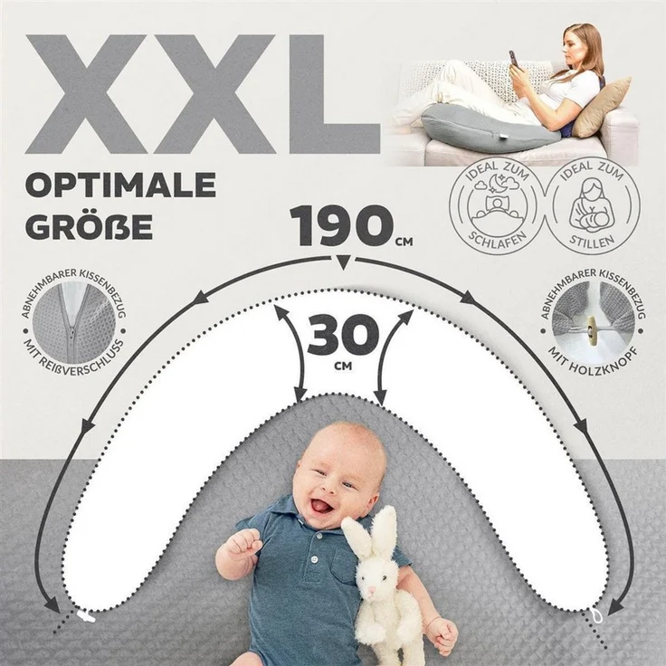 SEI Design Stillkissen StillkissenXXL Seitenschläferkissen 190x30 – Ergonomisch Baumwollbezug, Schwangerschaftskissen mit Bezug, Schwangerschaftskissen mit Bezug, elastischer Waffeljersey Bezug – Bild 3