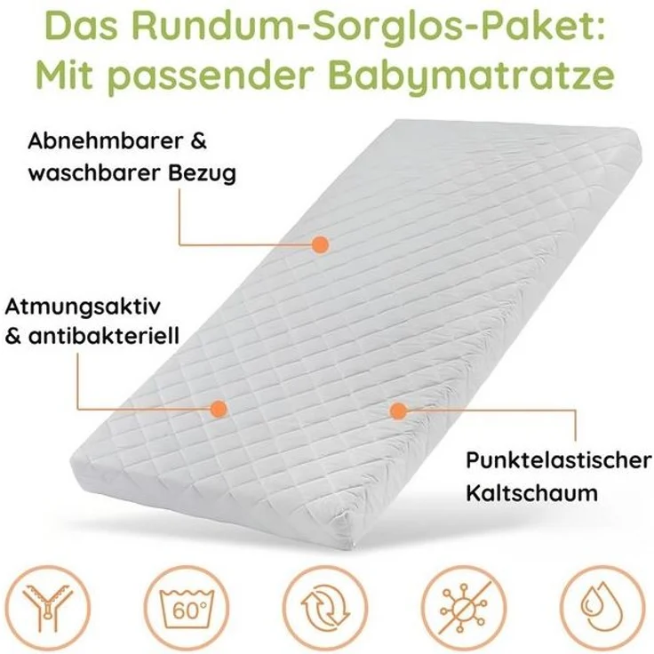 Kids Collective Babybett Kinderbett 60x120/70x140 cm umbaubar zu höhenverstellbares Lattenrost, 70x140 cm Weiß mit Matratze und Schublade von Geburt bis 6. Lebensjahr – Bild 4