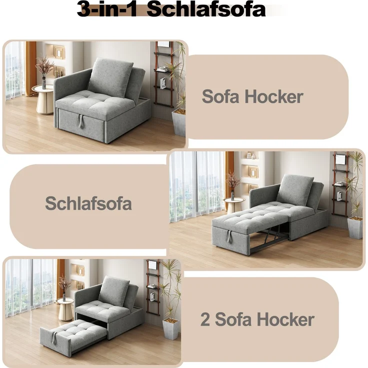 2-Sitzer Schlafsofa B 177 x T 68 x H 65 cm, aus Leinenstoff, 3-in-1 mit verstellbarer Rückenlehne – Bild 8