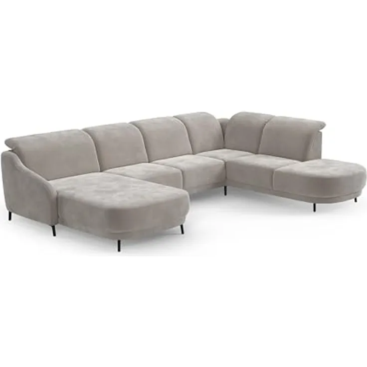 CAVADORE Wohnlandschaft Blue, Sofalandschaft mit Longchair im modernen Design, inkl. kopfteilverstellung, Vorziehsitz motorisch, Klapptisch, USB-Anschluss, mattschwarzen Metallfüßen, Hellgrau