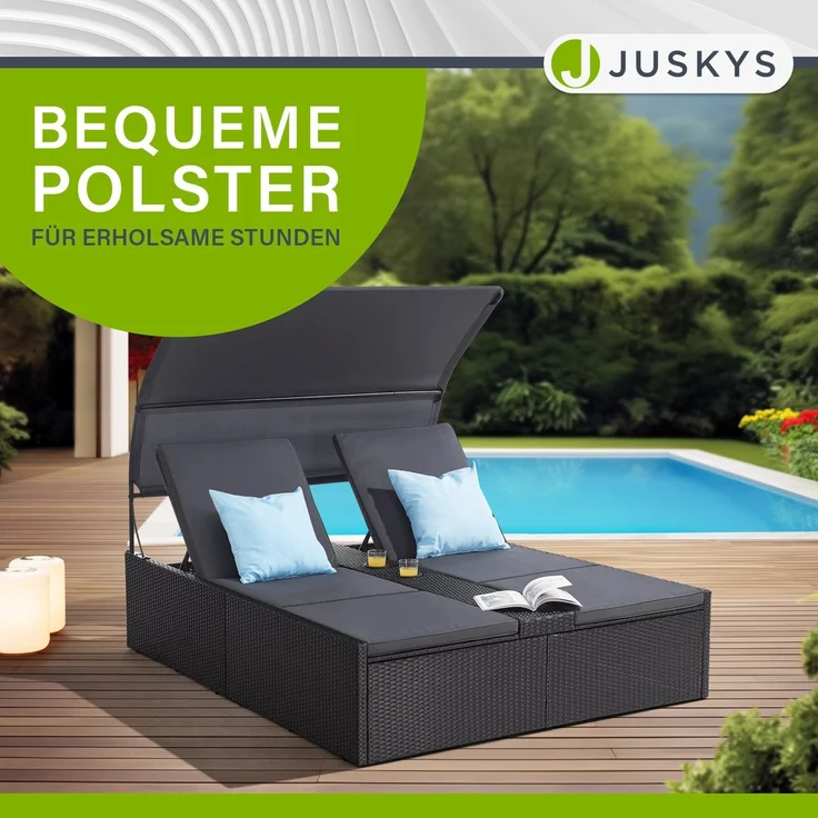 Juskys Polyrattan Doppelliege Syros - Garten Sonnenliege für 2 Personen - Outdoor Liege mit Dach & Auflagen - Kopfteil verstellbar - Schwarz – Bild 4