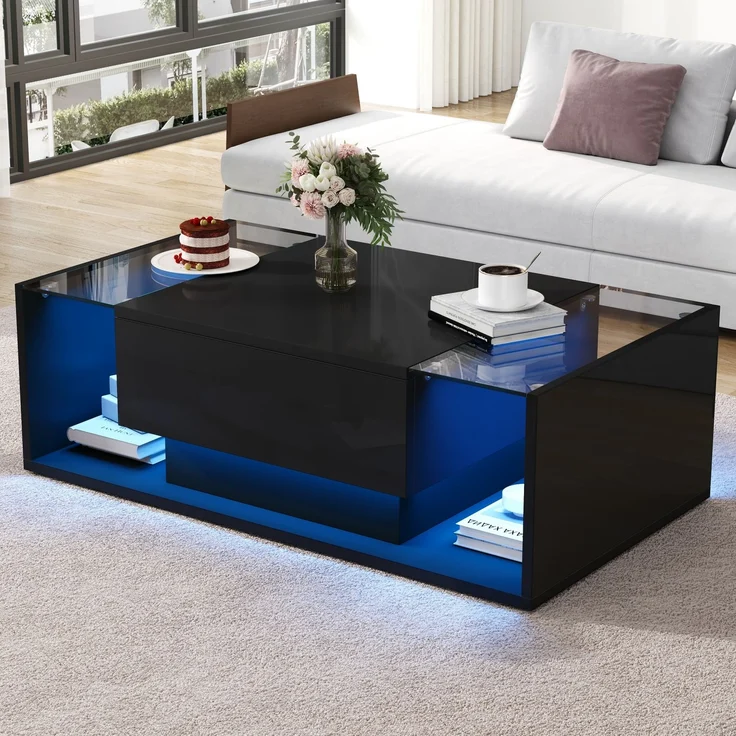 Quadratischer Couchtisch 100 x 50 x 31 cm, Hochglanz schwarz, gehärtetes Glas, 1 Schublade, halboffener Stauraum,mit LED-Lichtleiste – Bild 2