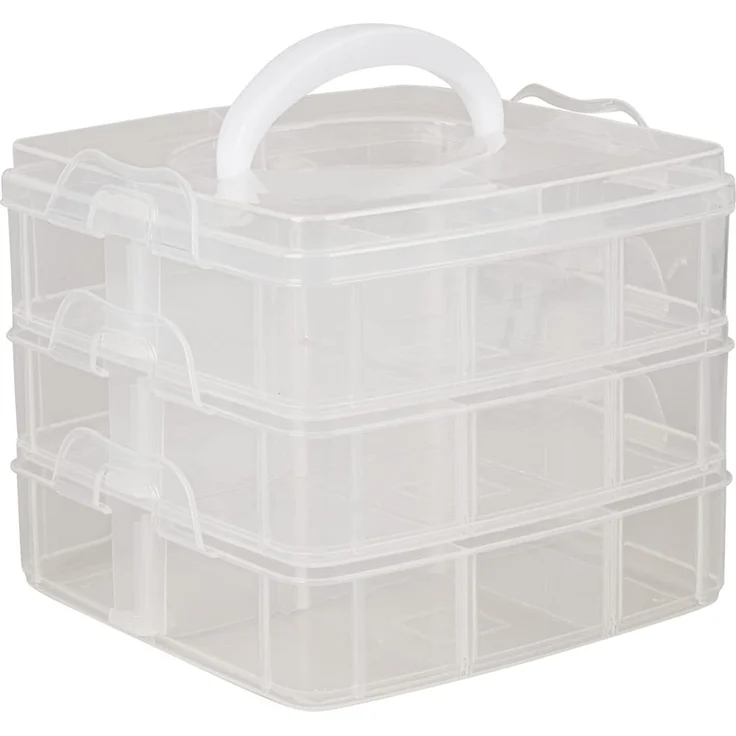 Rayher Sortierbox Aufbewahrung mit Griff, 15,5x15,5x12,9cm, 3 Etagen á 6 Fächer, für Bastel-Material, Kabel, Spielzeug, Büro-Utensilien, Accessoires - platzsparend, übersichtlich, stabil (3918100)