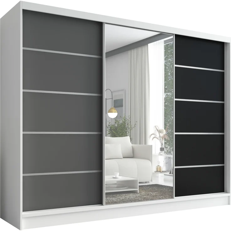 A&J MöbelLand Schwebetürenschrank AURELIA, Weiß, Graphit, Schwarz, Leiste: Weiß – Bild 1
