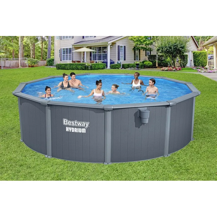 Bestway 561CU Hydrium Stahlwandpool Komplett Set mit Sandfilteranlage Ø 488 x 132 cm, Holz Optik (Grau), rund, winterfest