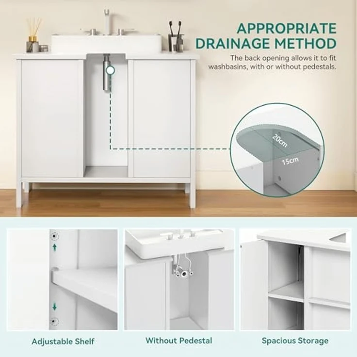 YITAHOME Waschbeckenunterschrank, Standwaschbecken Schrank mit 2 Türen, Waschtisch mit Ablage, Waschbeckenunterschrank mit U-Ausschnitt, Weiß – Bild 4