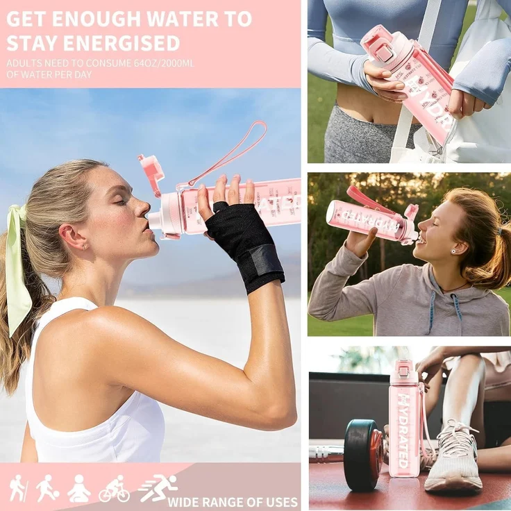 Mevoly Trinkflasche 1L BPA-Frei Tritan Sport Zeitmarkierung Rosa – Bild 8