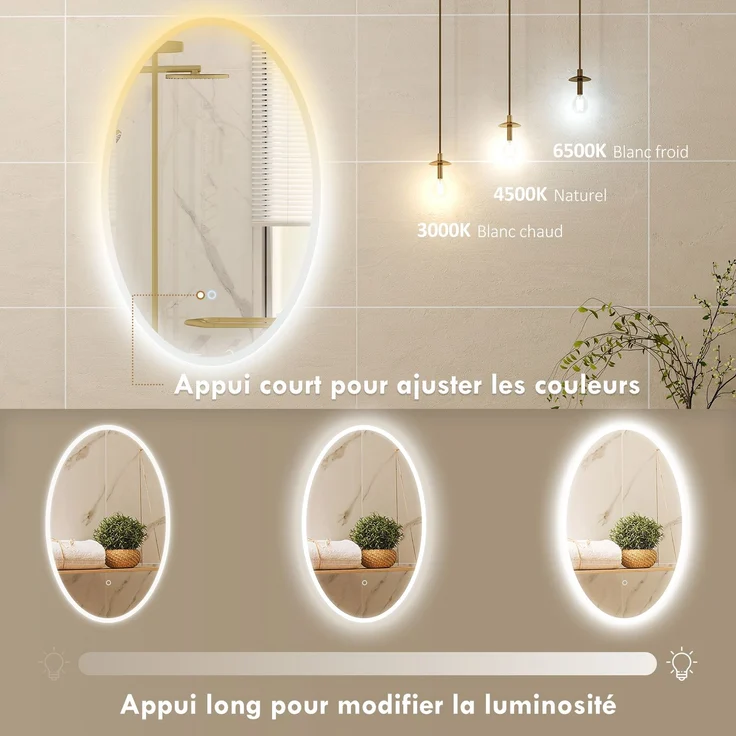 Badezimmerspiegel mit Beleuchtung 80 x 50 cm, ovaler LED-Spiegel, beschlagfrei, 3 Lichtfarben, dimmbar, transparent – Bild 7