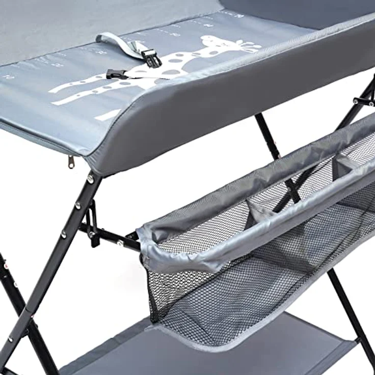 SABUIDDS Wickeltisch Klappbarer und tragbarer Baby Wickelkombi auf Rollen Wickelkommode 3 stufig-höhenverstellbare Wickelkommde, mit Wickelauflage, Sicherheitsgurt und Ablagefächern (Grau) – Bild 4