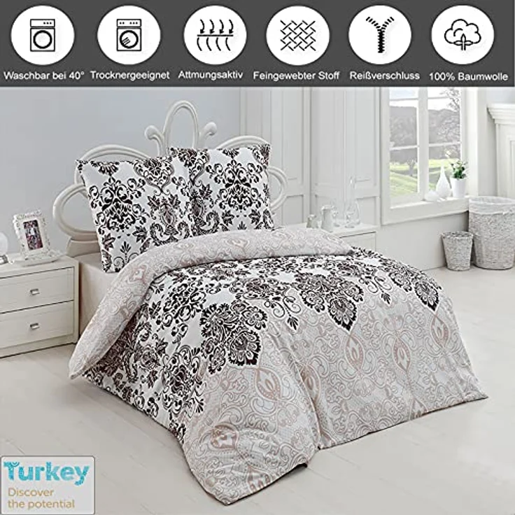Buymax Bettwäsche Wendebettwäsche, Bettbezug-Set, Renforcé 100% Baumwolle, 3 teilig, 200x200 cm, elegant, mit Reißverschluss, Barock, Weiß, Beige – Bild 3