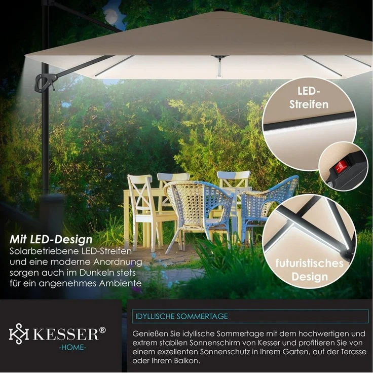 KESSER® Sonnenschirm Ampelschirm SUN XL 300 x 300 cm Inkl. Abdeckung +Windsicherung Drehbar Neigbar Kippbar Marktschirm Groß 360° Rotation, Gartenschirm mit Kurbel Sonnenschutz UV50+ Beige, Mit LED – Bild 2