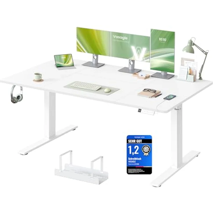VASAGLE Höhenverstellbarer Schreibtisch, 160x80 cm, USB-C-Anschluss, Ablage für Steckdosenleiste, Stehtisch, Erinnerung bei langem Sitzen, 3 Speichertasten, für Büro, mattweiß LSD146WZ02 – Bild 2