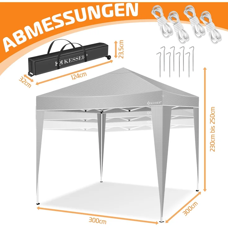 KESSER® Faltpavillon mit Tasche, ohne Beleuchtung, wasserdicht und UV-Schutz 50+, Metall / Polyester grau, 300x300 cm – Bild 6