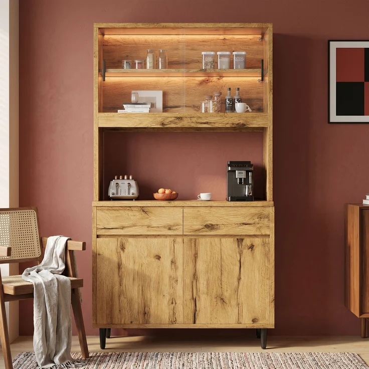 Buffetschränke, Esszimmer-Hochschrank 100*40*185 cm, mehrstufigem Stauraum, integrierter Steckdose sowie USB-C- und USB-A-Anschlüssen,Mit farbigem Lichtstreifen, Eichenfarbe--Eiche--100x40x185cm--YOUDENOVA – Bild 9
