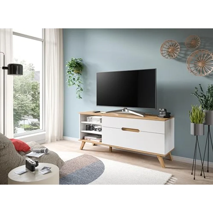 Xonox Lowboard, Weiß, Holzwerkstoff, 140x60x40 cm, mit Schubkasten und offenen Fächern, FSC®-zertifiziert – Bild 2