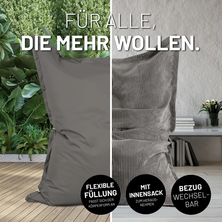 Lumaland Sitzsack Classic XXL All-in-One Set | Riesen Sitzsack XXL mit Cord & Outdoor Bezug für drinnen & draußen | Sofa Sessel mit im Innensack sicher verpackter EPS-Füllung – Hüllen Easy wechselbar – Bild 3