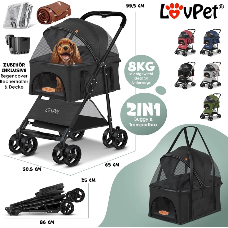 LOVPET® Hundewagen 2in1, Hundebox, Transporttasche, Faltbar, klappbar bis 20kg, mit Netzfenstern, Getränkehalter, Regenschutzabdeckung & Kuscheldecke, Anthrazit, 99,5 x 65 x 50,5 cm – Bild 8
