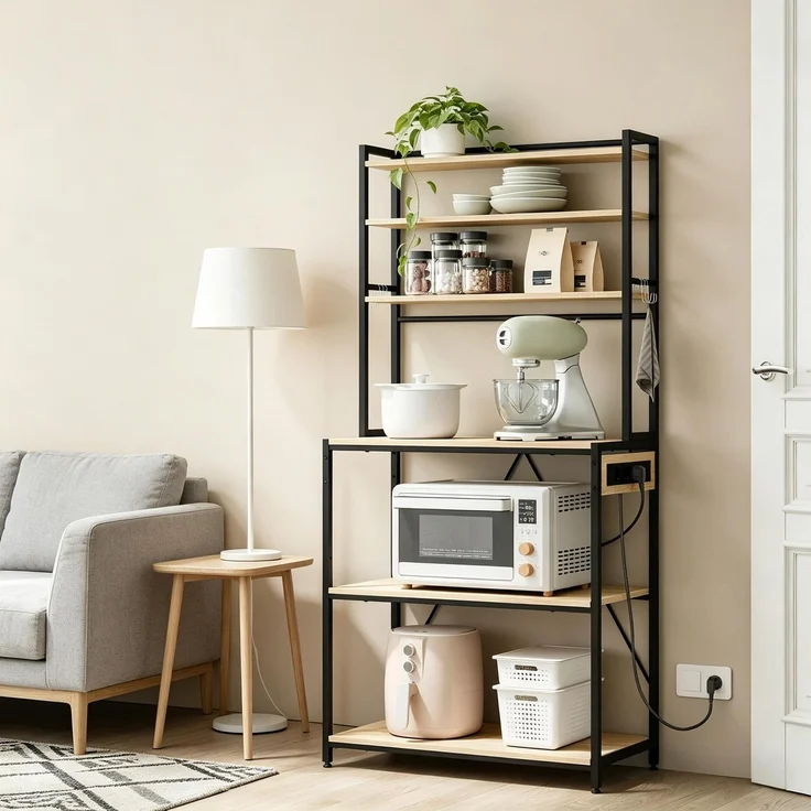 Moderner Stil Display-Regal,Coffee Bar Station,Küchenregal mit Steckdosen,Küchenkomode,Mini Küche Arbeitsstation--Helles Eichenholz--40x80x167cm--YOUDENOVA – Bild 6