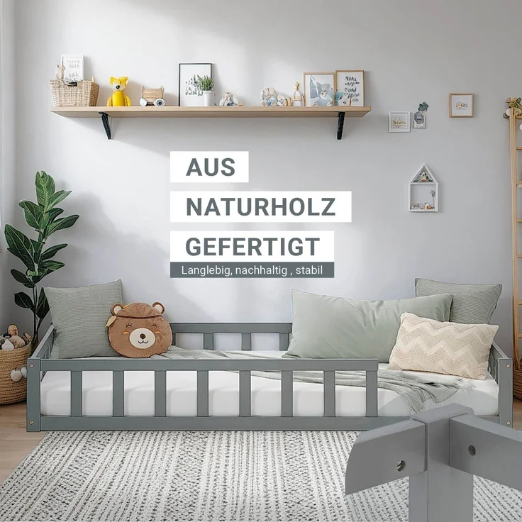 Kinderbett 90x200 mit Matratze Bodenbett mit Rausfallschutz Grau Montessori Bett Kleinkindbett Holz Kiefer Massiv – Bild 7