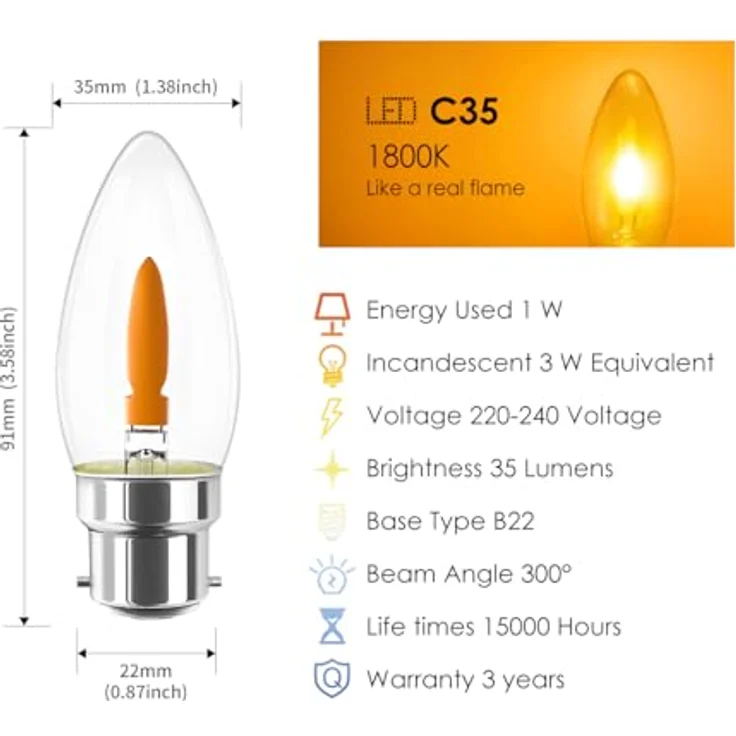 LVWIT LED-Flammeneffektlicht B22 Warmweiss Kerzenform, Flackernde Glühbirne 1W LED Flackerlicht Flackerlampe für Zuhause Garten Bar Halloween Weihnachten, Ersetzt 3W Glühlampen, 1800K, 6er Pack – Bild 3