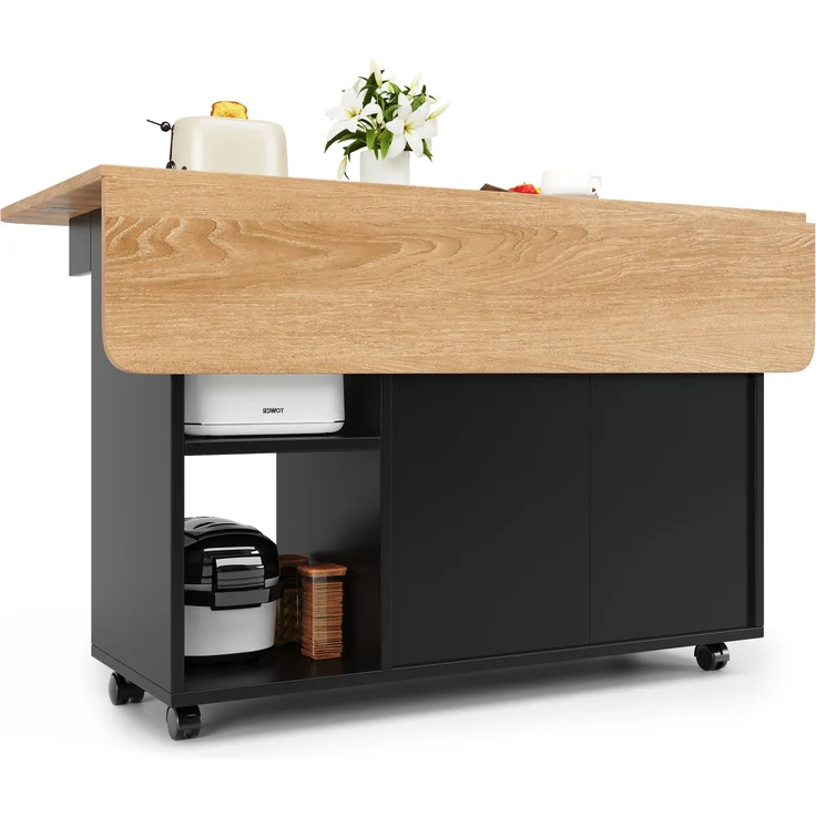 Kücheninsel 120 cm Schwarz & Natur mit klappbaren Seitenbeinen, Küchenwagen aus MDF, Metall und Glas, mit Stauraum, offenen und geschlossenen Ablagen, 79.5cmx120cmx70cm – Bild 9