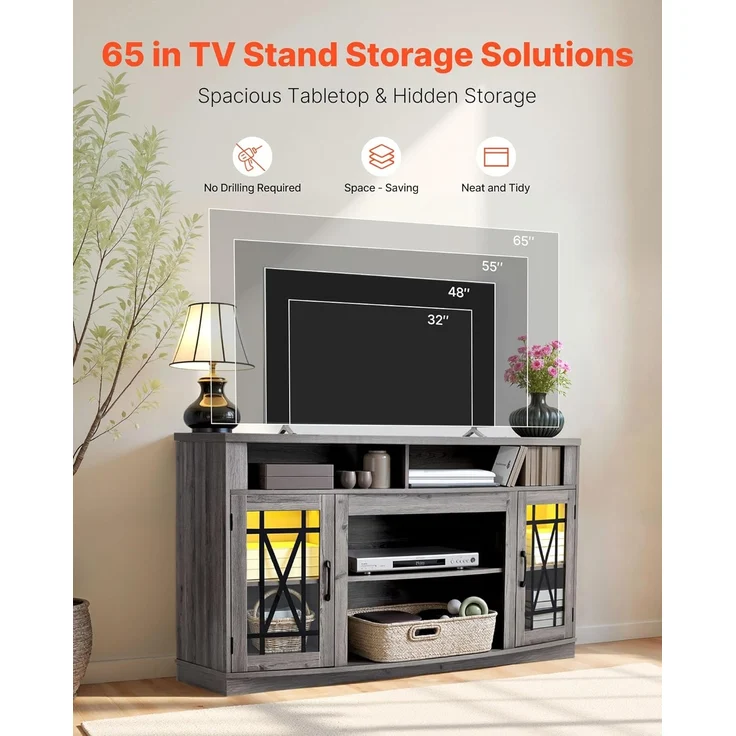 VEVOR TV-Ständer für Fernseher bis zu 65 Zoll, TV Tisch mit Lichtleiste, TV-Schrank aus Holz mit Glastüren & verstellbaren Regalen, Konsolentisch Fernsehschrank für Wohnzimmer Schlafzimmer, Grau – Bild 3