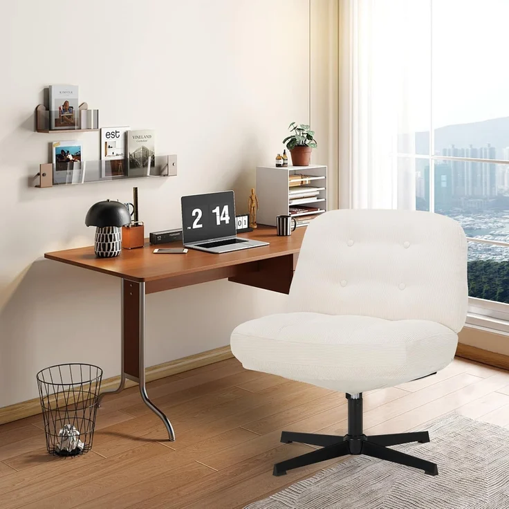 COLAMY Ergonomischer Bürostuhl Ohne Rollen, Schneidersitz Stuhl, Criss Cross Chair, 360° Drehbar Lehnstühle Lounge, Schminktisch Stuhl für Home Office, Weiß – Bild 2