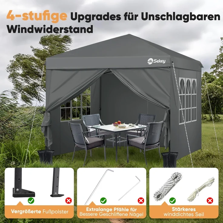 Pop Up Pavillon 3x3m mit 4 Seitenteilen, Wasserdicht Stabil Winterfest, Faltbar, Grau – Bild 5