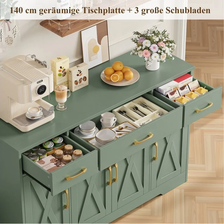 HOMECHO Sideboard, 140cm Breite Küchenschrank 3 Schubladen 4 Türen, Verstellbaren Regalen – Bild 3