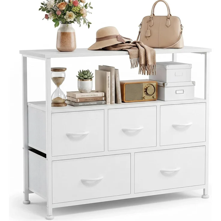 DUMOS Kommode mit Schubladen - kommoden & Sideboards für Schlafzimmer Geeignet, Komodenschrank mit 5 Schubladen, TV-Schrank mit Stahlrahmen,Schrank Klein, Ideal für Flur, Wohnzimmer (Weiß)