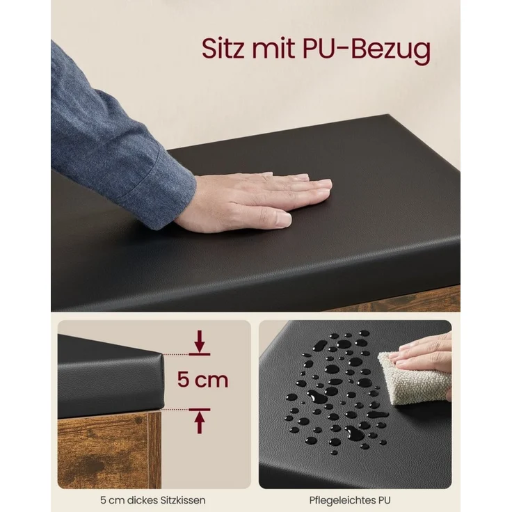 VASAGLE Schuhbank, Sitzbank, Schuhregal mit gepolstertem Kissen, Schuhorganizer mit 3 Ebenen, 30 x 60 x 44 cm, für Flur, Wohnzimmer und Schlafzimmer, vintagebraun LHSDE020W01 – Bild 3