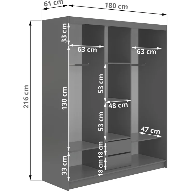 Schiebetürenschrank GRECJA 180 cm breite mit Spiegelfront und Dekor-Applikationen in Grau, inkl. Kleiderstange & Einlegeböden mit Schubladen - Grau – Bild 5