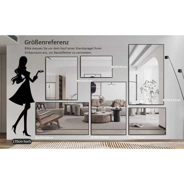 Boromal Wandspiegel Spiegel Schwarz Bad Wand Metall Rahmen 50x70 80x60 100x60 120x70 eckig (Badspiegel Badezimmerspiegel, HD Kupfer- und bleifreier Spiegel, mit Metall Haken), Vertikal Horizontal möglich, Freistehend,Wand montierbar – Bild 3